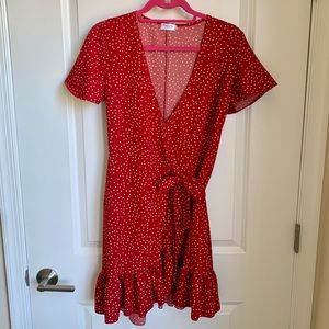 Summer Wrap V Neck Polka Dot Print Ruffle Dress